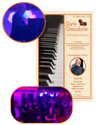 A photo montage shows: Ignasi Terraza, a man with white hair, playing a piano; a pamphlet labeled “Dark Chocolate,” displaying information about the event; and a group of men and women (all wearing blindfolds) sitting in a small room decorated like a jazz nightclub