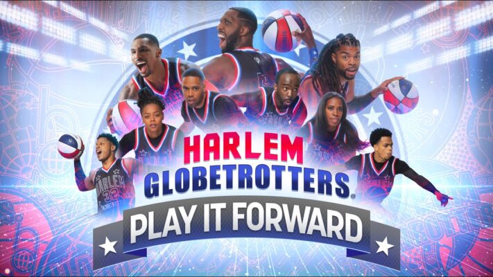 An image of the Harlem Globetrotters basketball team with text: Harlem Globetrotters. Play it Forward