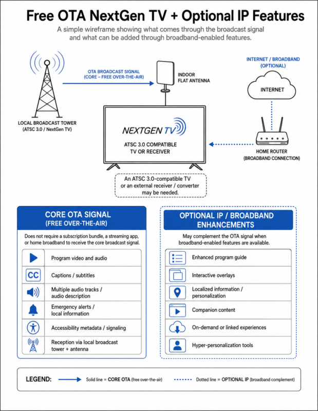 Wireframe diagram comparing the core free over-the-air NextGen TV signal with optional broadband enhancements. Full description follows.